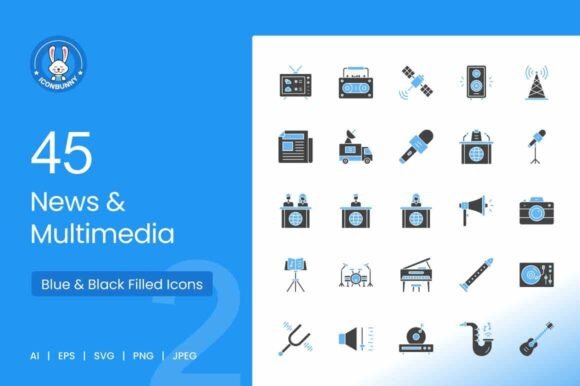News Multimedia Blue Black Icons Graphics for Crafters