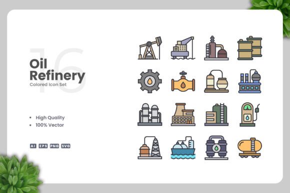 Oil Refinery Colored Icons: A Designer's Review of Graphics and Icons