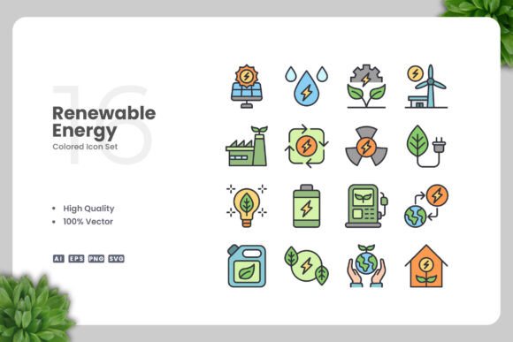 Renewable Energy Colored Icons for Modern Graphics