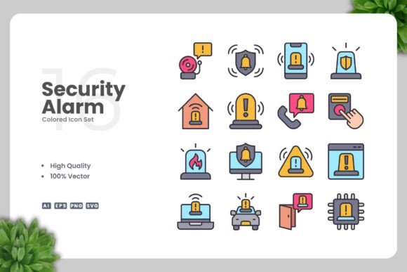 Security Alarm Colored Icons for Modern Graphics